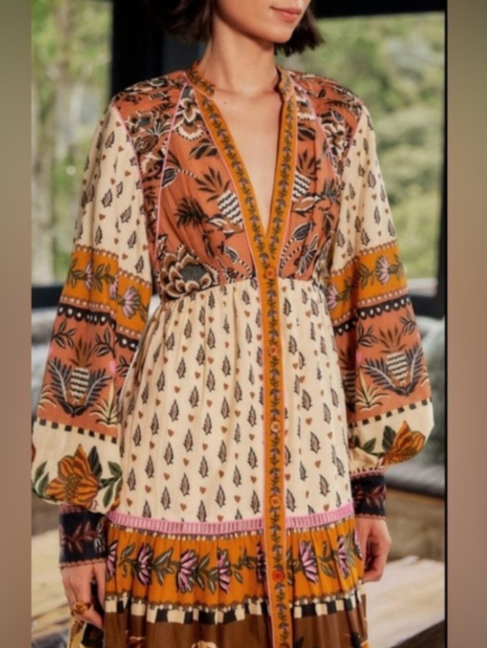 Farm Rio Ainika Floral Midi Dress - Beige + desert tones